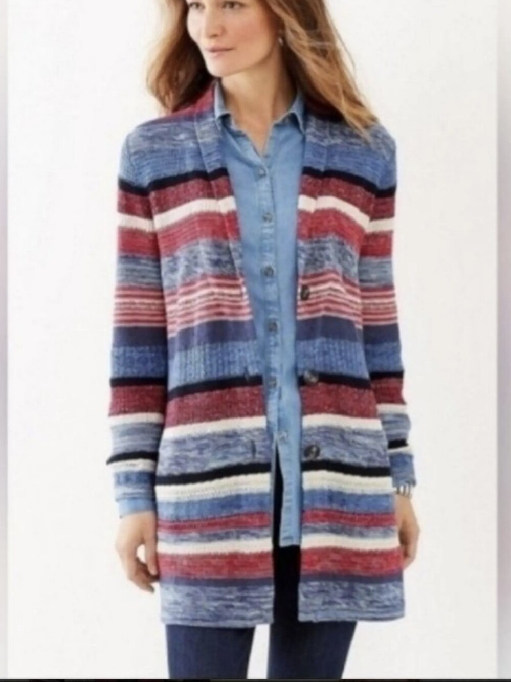 J. JILL Red White Blue Linen Knit Stripe Button Up Long Cardigan Sweater Medium